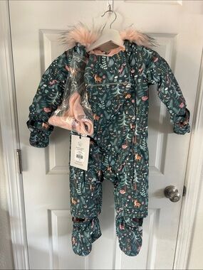 deux par deux 18-24mo Teal Woodland-Print Snowsuit with Pink Fur-Trimmed Hood